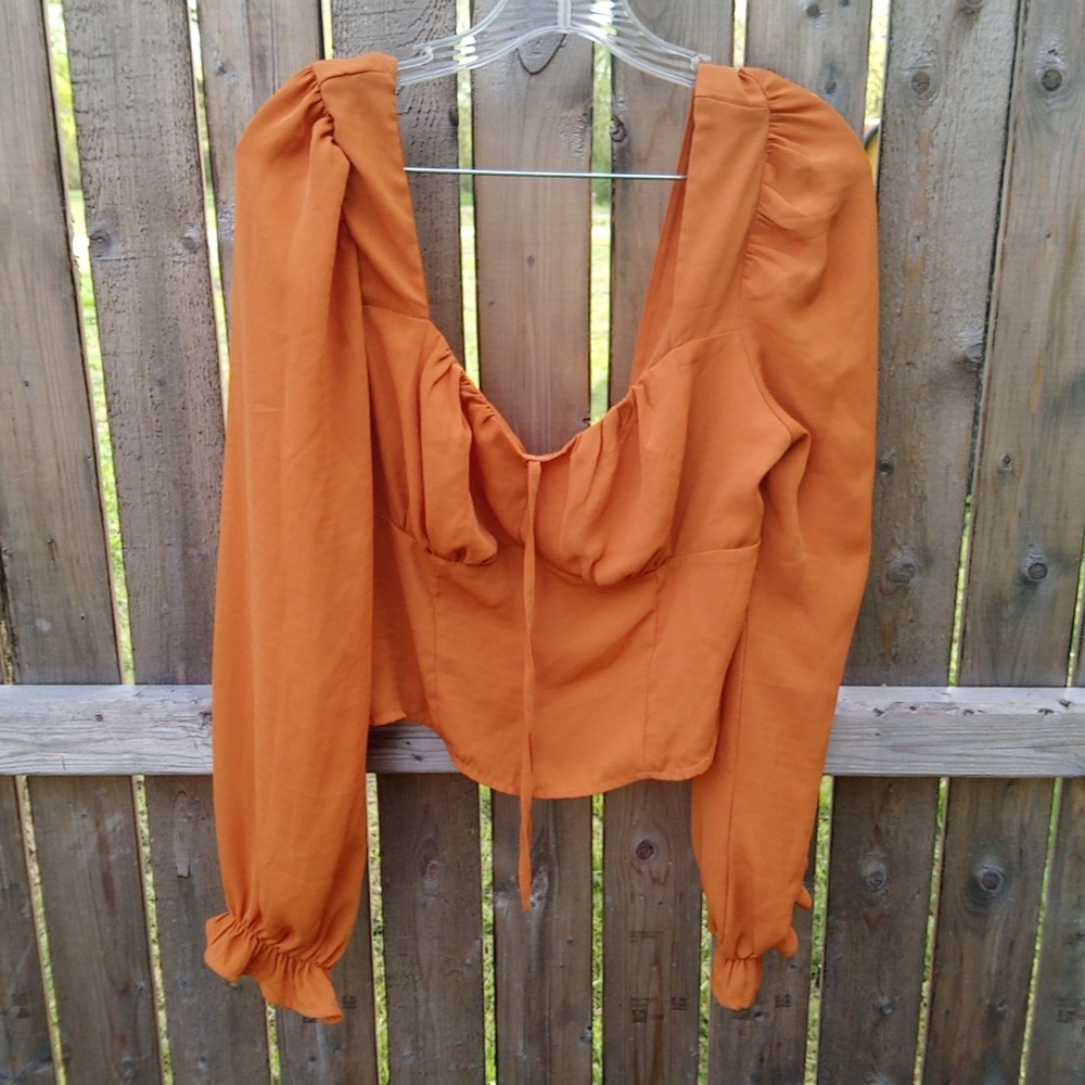 Haute Monde Rustic Orange Lightweight Long Sleeve Cinched Back Crop Top